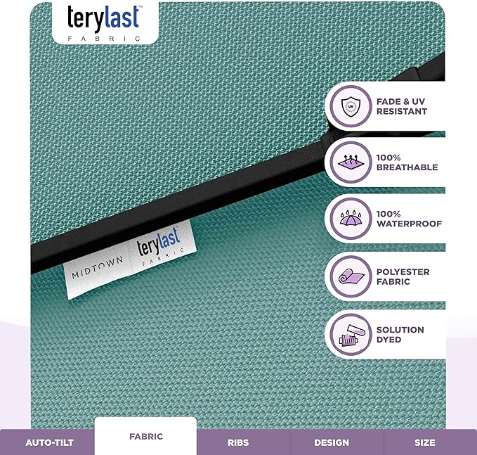 The Swilt 8 Feet Outdoor Umbrella With Terylast Seawater (Aqua) Polyester Fabric - Fiberglass Ribs, Auto-Tilt And Swivel Aluminum Frame Patio Umbrella For Deck, Garden, Pool - Black Pole