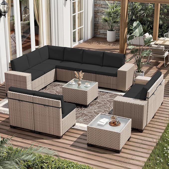 12 Pieces Patio Furniture Set, Outdoor Sectional Wicker Sofa with Thickened Cushions and Coffee Table, High Back Rattan Patio Conversation Sets for Garden Backyard, Black