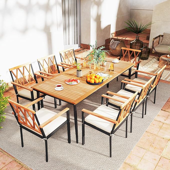 RELAX4LIFE Wooden Outdoor Dining Table for 8, 79’’ Acacia Wood Patio Table w/2’’ Umbrella Hole, Slatted Tabletop & Metal Legs, Indoor Outdoor Rectangular Picnic Table, 8-Person Patio Dining Table