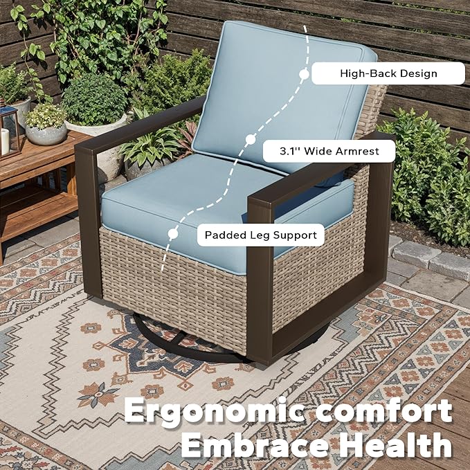 Joyside Outdoor Patio Swivel Rocker Chairs Set, 6 Pieces Wicker Rattan Chairs with Metal Wide Armrest, Thick Cushions and Deep Seating for Garden, Backyard, Porch, Deck