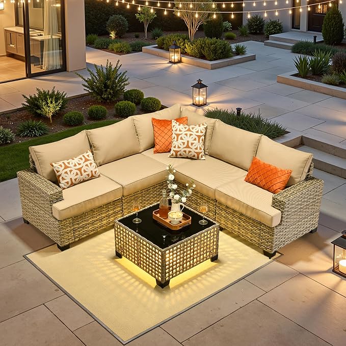 ovios 6 Piece Patio Sectional Furniture, Rattan Wicker Coversation Couch Set, Outdoor Sofa Set for Outside Porch Balcony Backyard Pool,Beige