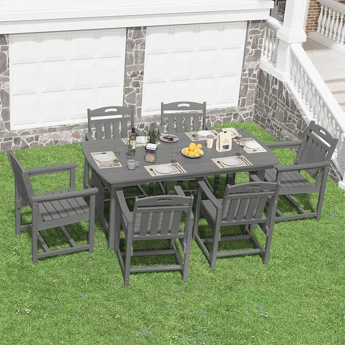 HDPE Outdoor Patio Dining Set with Table & 6 Chairs, All-Weather 7-Piece Outdoor Table and Chairs, 2" Umbrella Hole, Patio Furniture for Garden, Backyard, Deck | Grey