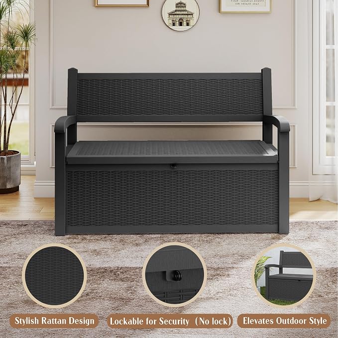 EasyUp 80 Gallon Wicker Weave Style Outdoor Storage Bench, Waterproof and Lockable Deck Box Outdoor Storage Furniture for Patio,Garden,and Porch-Perfect for Storing Garden Tools(Black Pattern)