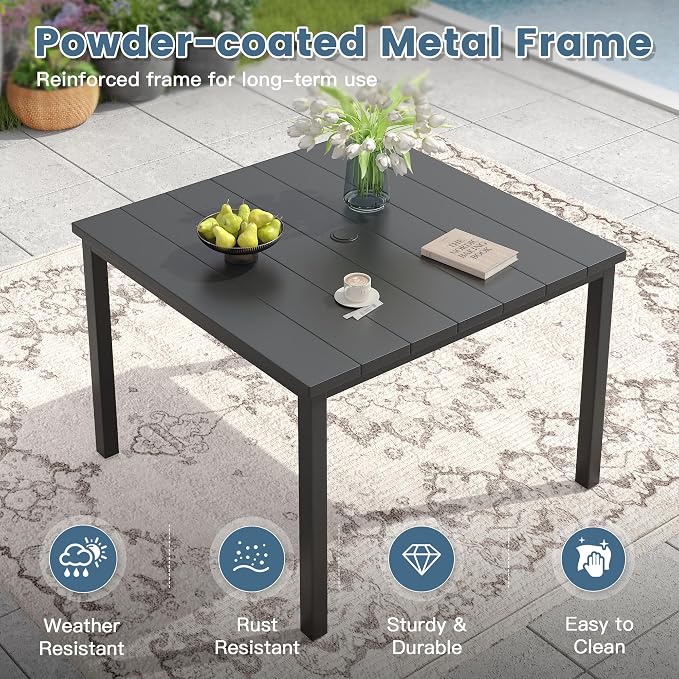 DIFY 40.2" Square Outdoor Dining Table for 4, Slatted Metal Patio Table with Adjustable Umbrella Hole, All-Weather Patio Dining Table for Garden Backyard Deck, Black Tabletop