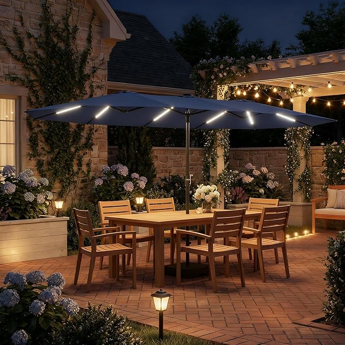 15FT Patio Umbrella with Solar Light Bar, Large Double-Sided Outdoor Table Umbrella with Base, Crank, Steel Ribs and Pole for Patio, Beach Sun Umbrellas for Backyard, Poolside, Navy Blue