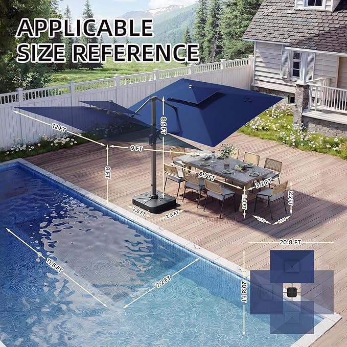 9 X 12 FT Cantilever Patio Umbrella with Led Lights and Base Included Heavy Duty Outdoor Double Top Large Rectangle Offset Umbrellas with 360-degree Rotation for Garden Pool Deck Backyard, Navy
