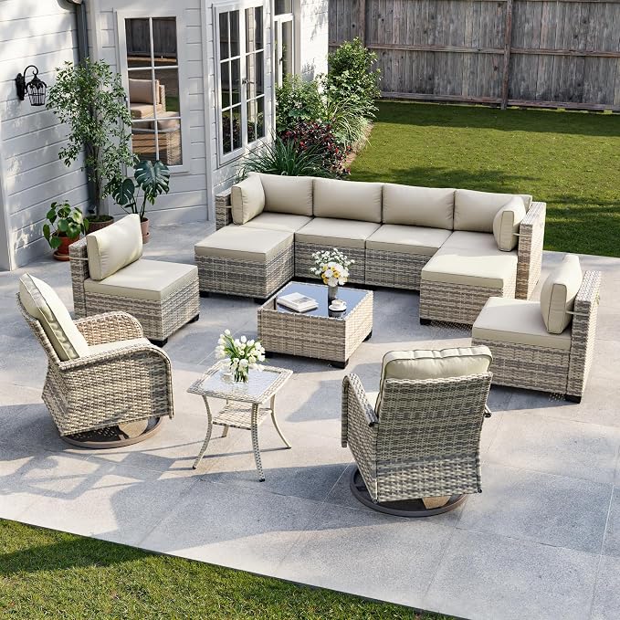 12-Piece Patio Furniture Set, Outdoor Patio Furniture with Swivel Chairs Set, Ottomans, Modular Patio Sofa, Dual-Strand Wicker Rattan, Rust-Resistant Frame, Ivory