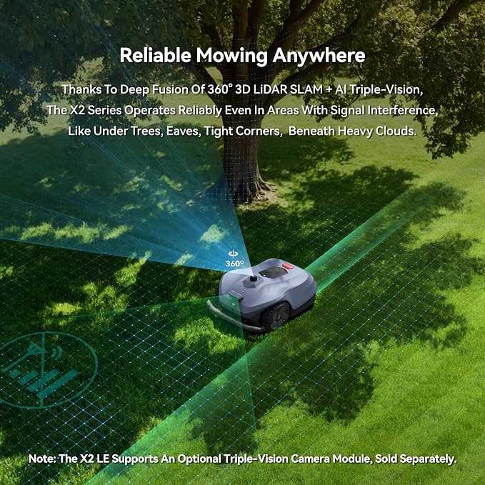Neomow X2 LE 360° 3D LiDAR Robot Lawn Mower, Wire Free for 0.37 Acre, No RTK Antenna, 4G App Control, GPS Anti-Theft, 13Ah, IPX6, Support Upgrade AI Bionic Triple Vision Module for Auto-Mapping