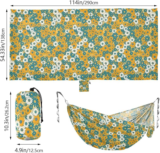 Camping Hammock Outdoor Hammocks for Outside White Green Yellow Flower Beach Trees Portable Lightweight with Pockets Tree Straps Indoor