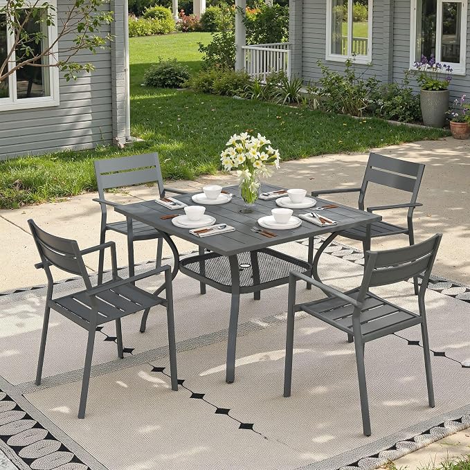 Outdoor Dining Table with Adjustable Umbrella Hole, 37.8" All-Weather Square Patio Dining Table for 4, Metal Patio Table for Garden Lawn Porch Deck Yard, Dark Grey