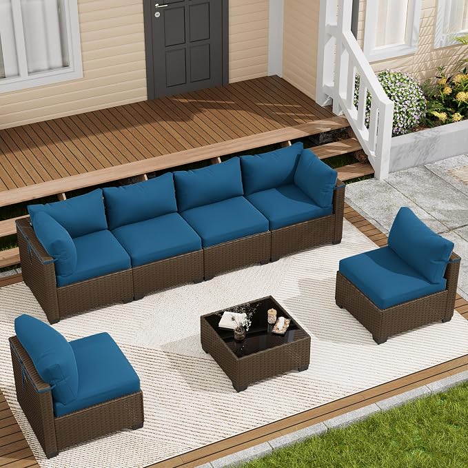 LOUVIXA 7 Piece Outdoor Patio Furniture Set, Outdoor Sectional Sofa, Wicker Rattan Patio Furniture, Patio Conversation Set with Coffee Table & Cushions