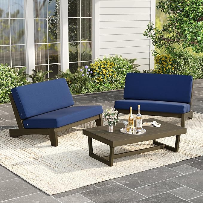 UIXE Wood Patio Furniture Sets, 3 Pieces All Weather Patio Loveseat Sofa Outdoor Sectional Futniture Backyard Conversation Set with Solid Wooden Coffee Table - Navy Blue