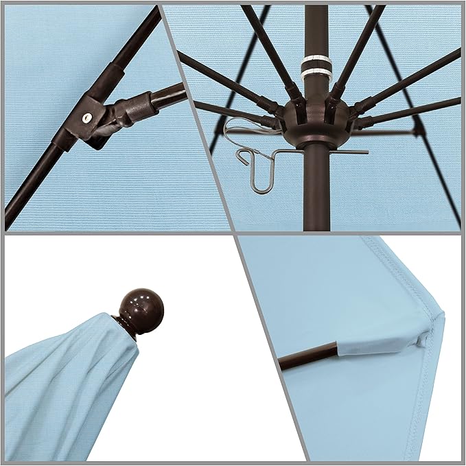 California Umbrella 9' Rd. Venture Series Contract Grade Patio Umbrella, Push Open Pin Stop, Bronze Finish, Sunbrella Air Blue