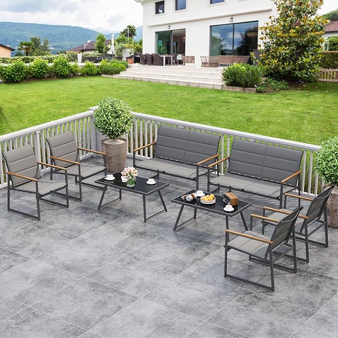 Tangkula 8 Piece Patio Furniture Set, Outdoor Metal Conversation Set with Padded Fabric Seat & Wood-Plastic Armrests, Sectional Sofa Set with Tempered Glass Coffee Table for Backyard, Porch (Gray)