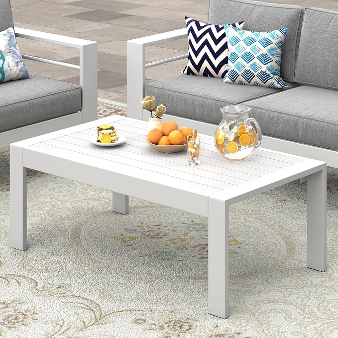 Modern Aluminum Outdoor Coffee Table, All-Weather Metal Rectangle Table for Patio, Balcony or Garden, White