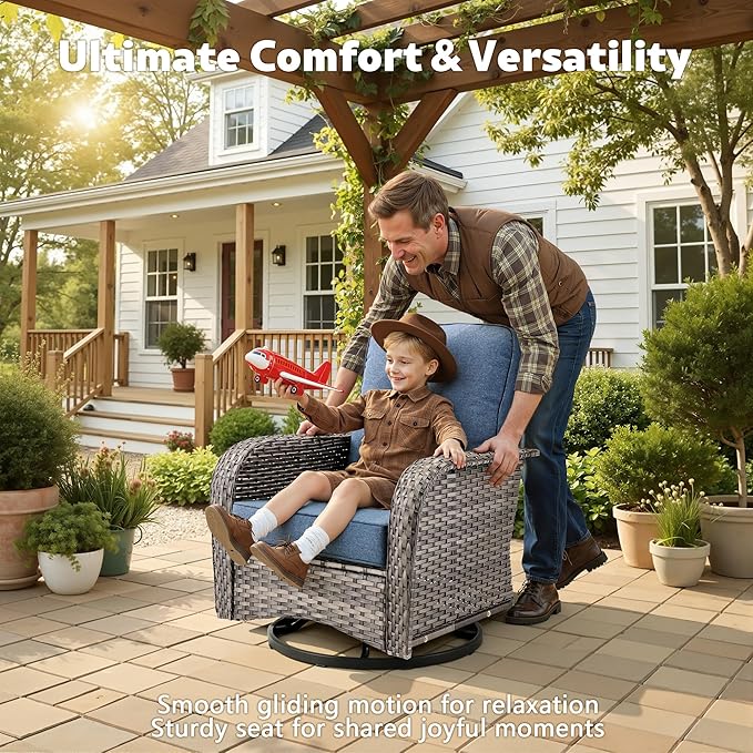 Patio Furniture, All Weather Wicker 6 PCS Outdoor Sofa with High Back Swivel Rocker Chairs, Conversation Set with Solar Light Coffee Table,Light Rattan Blue Cushion