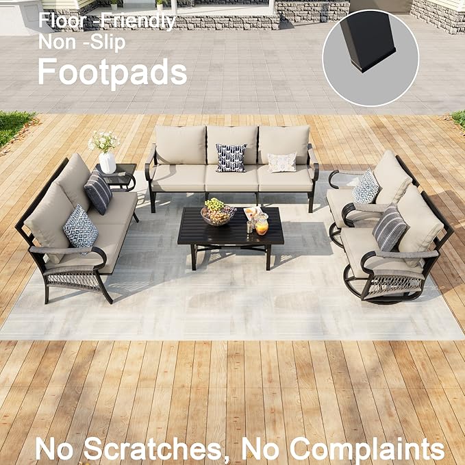 6 Pieces Patio Furniture Set, Metal Outdoor Conversation Sets with Swivel Chairs, Modern Couch Sofa Seating Group with Coffee Table and Side Table (Thick Beige Cushions)