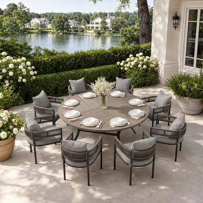 VICLLAX Patio Dining Set, 63.1" Grey Table & 6 Chairs with Grey Cushion | Outdoor Table and Chairs Set of Round Metal Patio Table, Outdoor Dining Chairs with Metal Frame, Garden Deck Porch