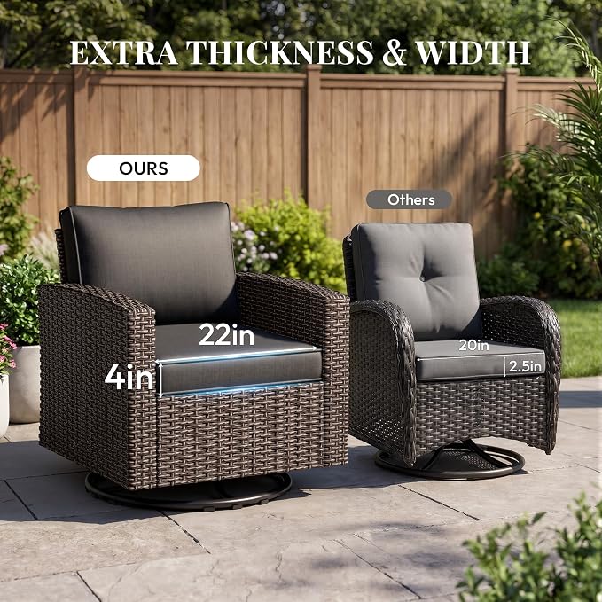 WWR Patio Furniture Set-30% Thicker Wicker-Luxury 5 Piece PatioWicker Outdoor Patio Conversation Set with Extra Wide & Thick Cushions, Swivel Rocking Chairs for Backyard, Porch & Deck