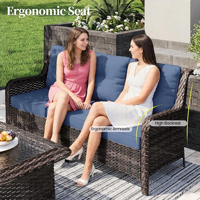 ALAULM 7 Pieces Patio Furniture Set,High Back Wicker Outdoor Sectional Furniture Set with Swivel Chairs & Coffee Table, Patio Conversation Set Thick Cushion for Backyard, Deck, Porch-Navy