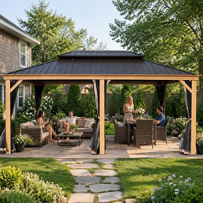 Kozyard Apollo 12’x18’ Hardtop Gazebo, Wooden Coated Aluminum Frame Canopy with Galvanized Steel Double Roof, Outdoor Permanent Metal Pavilion with Netting for Patio, Lawn