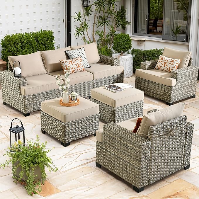 Patio Furniture Sets 7 Pieces Outdoor Sectional Rattan Sofa Manual Weaving Wicker Patio Conversation Set with Ottomans and T Cushion(Beige)