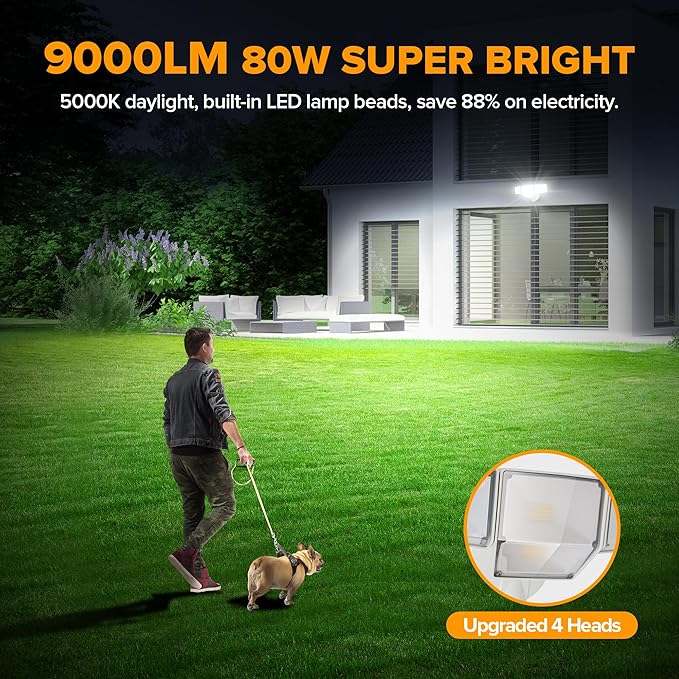 LUTEC 80W 9000LM Flood Lights Outdoor, Hardwired Switch Controlled LED Security Lights with 4 Heads, IP65 Waterproof, 5000K Daylight for Garage, Yard, Patio (White)