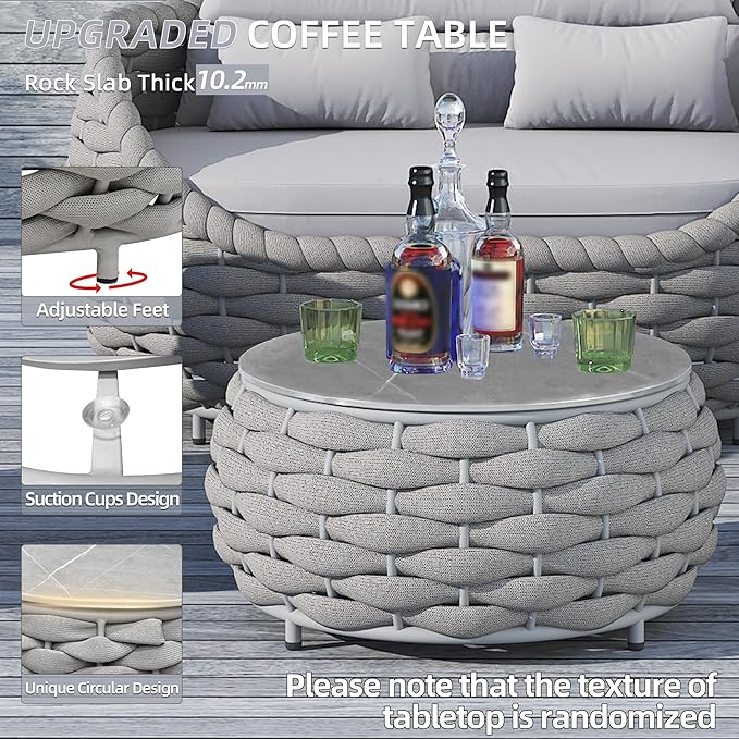 TWT 3 Pieces Aluminum Patio Furniture Set, Hand Woven Textilene Rope Outdoor Sofa Set w/Washable Cushion and Rock Slab Tabletop, Conversation Furniture for Livingroom Poolside Balcony (Grey)