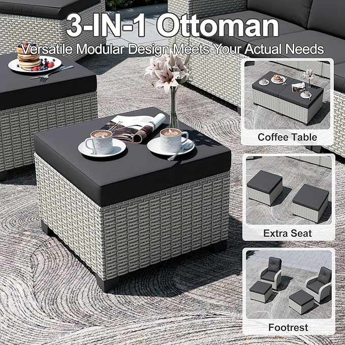 12-Piece Outdoor Patio Furniture Set with Fire Pit, Modular Sectional Sofa Set with Swivel Rocker Chairs & Ottomans, Wicker Outdoor Couch Conversation Sets w/Coffee Table and Cushions, Black