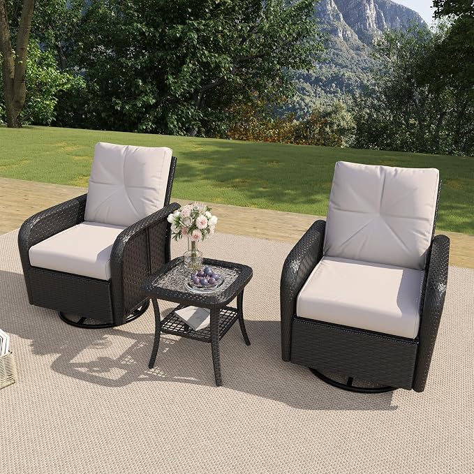 LazySunsets 3 Piece Outdoor Patio Furniture Set, Wicker Rattan Outdoor Furniture with High Back Swivel Rocker Chairs, Outdoor Sofa Set with Thick Cushions & Side Table, Beige