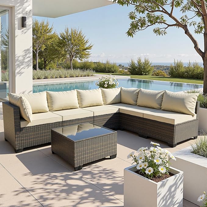 7 Piece Patio Furniture Set, All-Weather Water-Resistant Wicker Rattan Sectional Sofa, Modular Outdoor Conversation Set for Backyard, Garden, Poolside, Balcony