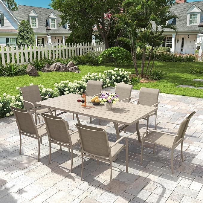 9 Pieces Patio Dining Set, 71" Rectangular Dining Table with Umbrella Hole, 8 Stackable Textilene Fabric Chairs, Metal Structure for Patio, Porch, Garden(Sand Table, Sand Chair)