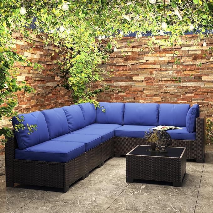 GAOMON 7 Pieces Outdoor Patio Furniture Sets, Rattan Conversation Set with Sectional Sofa, Chairs and Coffee Table, Waterproof Patio Conversation Sets (Brown & Navy Blue)