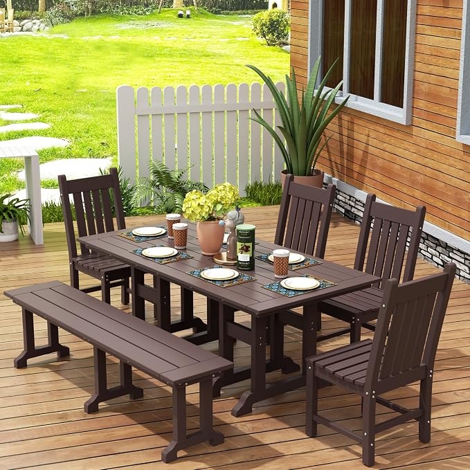 WestinTrends Malibu 6 Piece Outdoor Dining Set with Bench, All Weather Poly Lumber Patio Table and Chairs Set, 71" Trestle Dining Table with Umbrella Hole, 5 Patio Chairs with Bench, Dark Brown