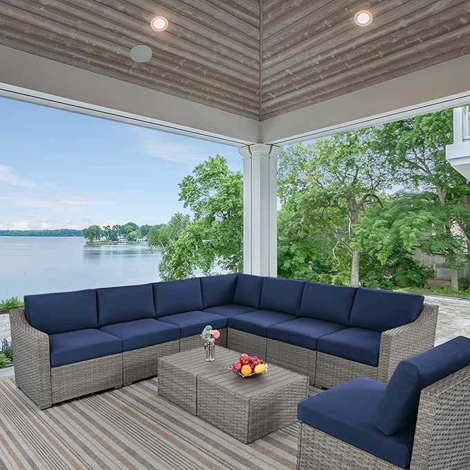 HAPPATIO 10 Piece Patio Conversation Set,Patio Furniture Set with Multiple Configuration Options,Rattan Wicker Outdoor Sectional Sofa with Thick Cushions. Easy Setup. (Gray/Blue)