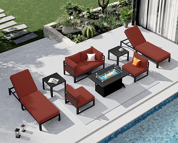 NICESOUL 9 Pcs Oversized Modern Aluminum Outdoor Patio Furniture Set with Chaise & Fire Pit Table, 29" Wide Deep Seat, All Weather Sectional Sofa, 500 lbs Sturdy Comfortable Deck Conversation Set, Red