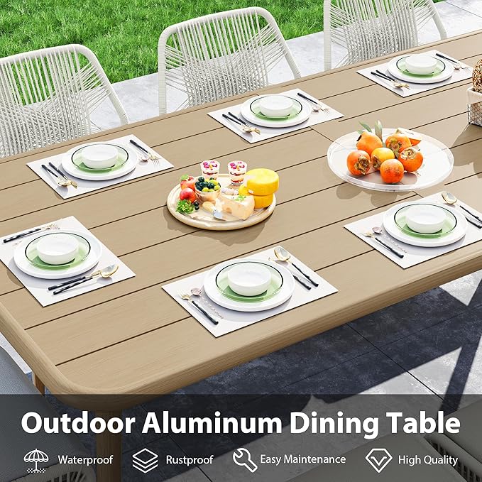 HAPPATIO Outdoor Dining Table for 8, Large Rectangular Aluminum Frame Patio Dining Table, Wood-Like Tabletop with 2" Umbrella Hole for Deck, Backyard, Lawn, Garden