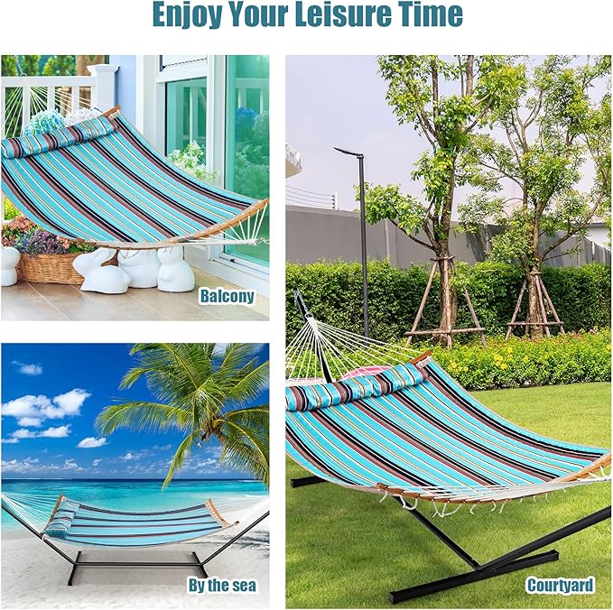 Giantex Hammock with Detachable Pillow Outdoor Hanging Chair, Patio Hammock w/Curved Bamboo Spreader Bar, Steel Chain, Hammocks Swing for Backyard, Beach, Garden (Blue)