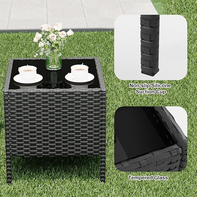 3-Piece Patio Furniture Set,Outdoor Patio Conversation Set with 2 PE Rattan Armchairs, Weather-Resistant Cushions & Tempered Glass Table,All-Weather Bistro Set for Garden, Backyard（Black/Beige）