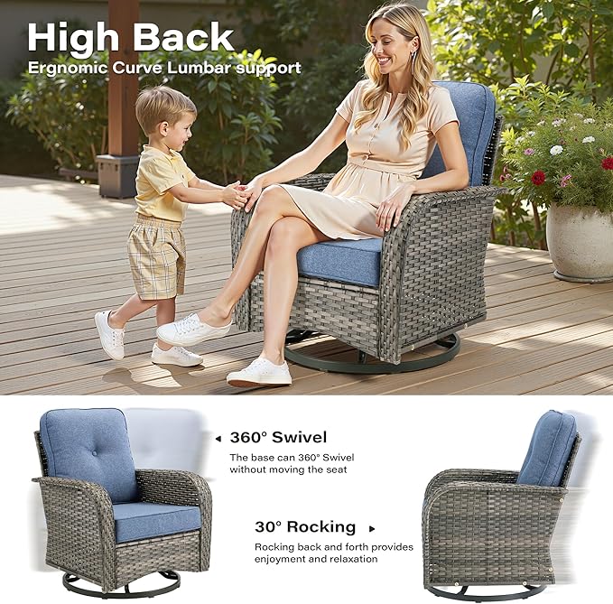 7 Pieces Patio Conversation Sets,Patio Furniture Set with Swivel Rocking Chairs,Coffee Table, Side Table, All Weather Rattan Wicker Outdoor Sectional Furniture Set for Porch Balcony Backyard Blue