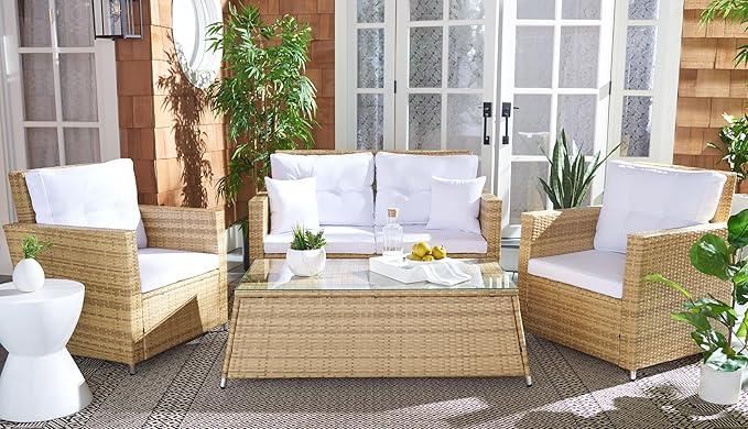 SAFAVIEH Outdoor Collection Lorma Natural/White Wicker 4-Piece Conversation Patio Set