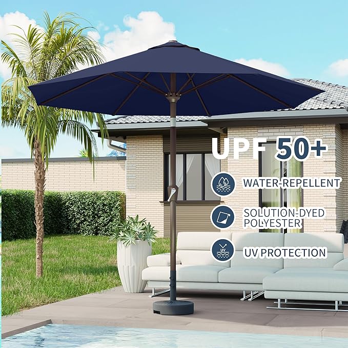 PatioKingdom Patio Umbrella with Push Button Tilt and Crank, Outdoor Market Umbrella with 8 Fiberglass Ribs, UV Protection Table Umbrella for Pool,Backyard,Garden,Deck (Navy, 10FT)