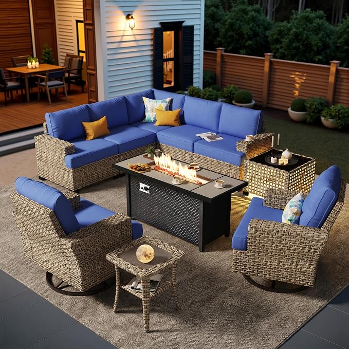 HOOOWOOO Sectional Patio Furniture Set with Fire Pit Table,10 Pieces Wicker Outdoor Furniture L Shaped Couch,Outside Conversation Set Extra Deep Seat Sofa Wide Arm Swivel Chairs Solar Table,Navy Blue
