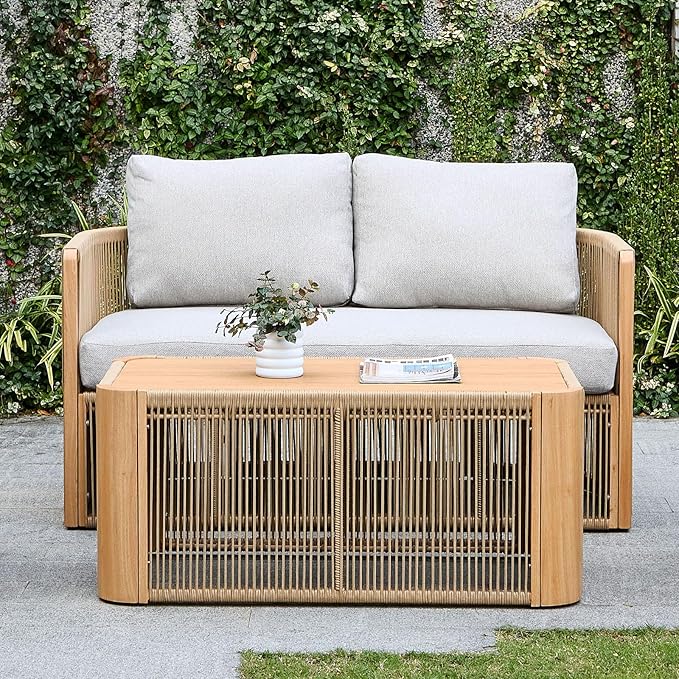 2-Seater Rope Sofa Set with Table, Patio Rope Chairs Set of 2, Rope Patio Furniture Set, Outdoor Deck Chair with Cushions, Aluminum Outdoor Loveseat in All Weather, Beige
