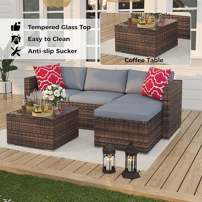 5 Piece Patio Furniture Set, PE Wicker Modern Patio Conversation Set, Outdoor Furniture Set with Glass Coffee Table for Garden, Poolside, Backyard, Brown & Grey