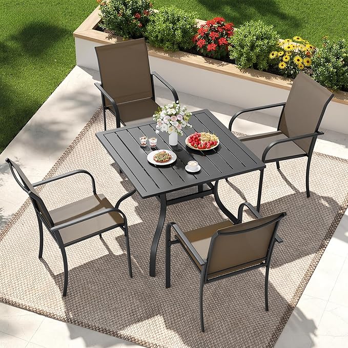 Crownland 5 Piece Patio Dining Set, Outdoor Textilene Dining Sets, 4 Textilene Metal Chairs and Square Outdoor Dining Table with 1.57" Umbrella Hole (Brown)