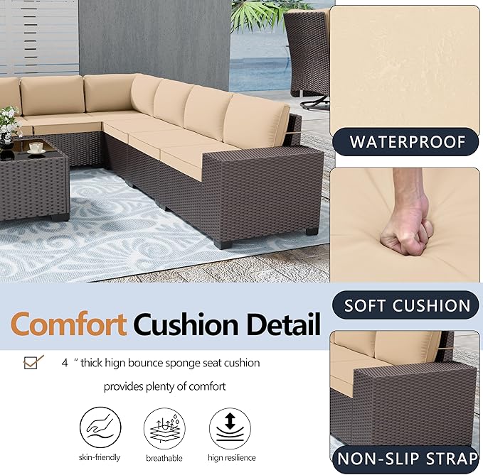 Patio Furniture Set Sofa 7-pcs Wicker Sectional Sofa Set,Outdoor Furniture Rattan Patio Conversation Sets with Seat Cushions and Tempered Glass Coffee Table