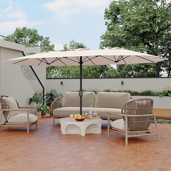 GarveeTech 15FT Double-Sided Rectangular Patio Umbrella with Base – Large Outdoor Market Umbrella for Poolside, Lawn & Backyard, Oversized Shade for 4-6 Person Tables