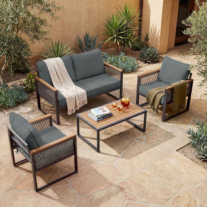 UPHA 4 Pieces Patio Furniture Set, Metal Outdoor Sectional Couch Set with Loveseat Sofa, 2 Chairs, Coffee Table, Modern Patio Conversation Set for Porch Balcony Deck, 4 Seats, Gray