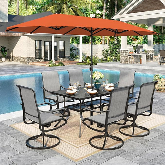 Sophia & William Patio Set with Umbrella 8 Pieces Outdoor Dining Set for 6 with 13ft Large Patio Umbrella Red, 6 x Grey Swivel Patio Chairs with 59" Dining Table for Lawn Garden